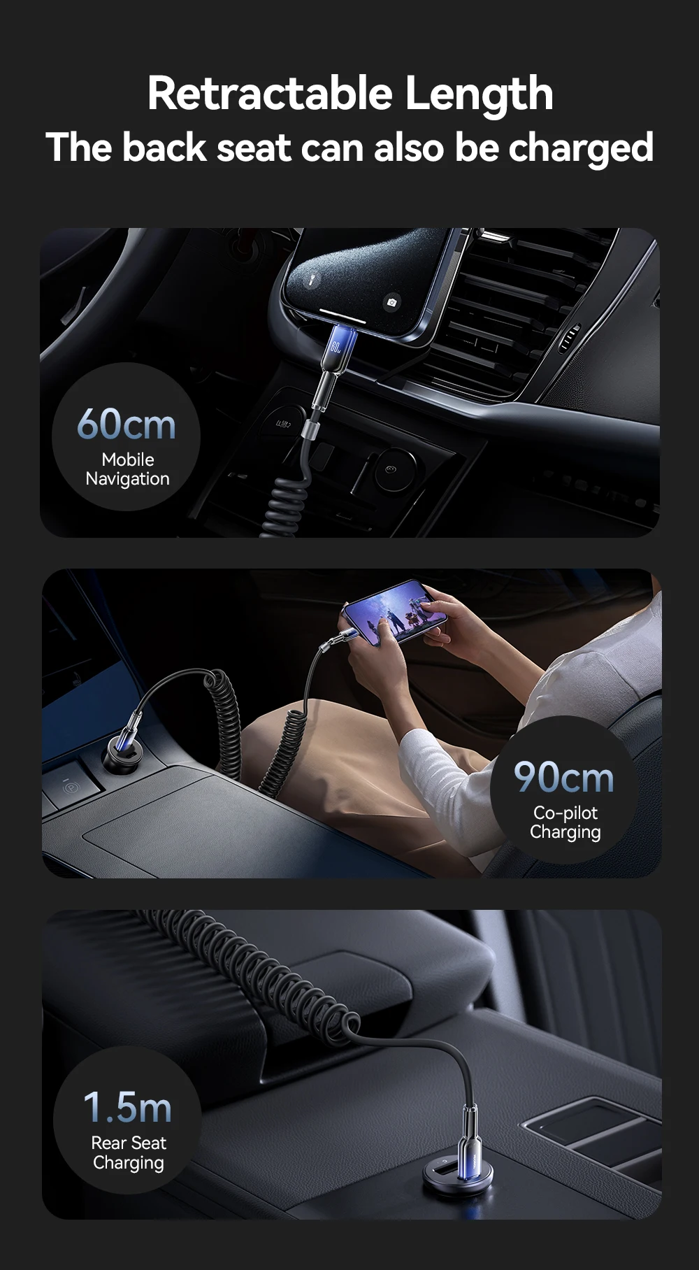 Joyroom 60W USB Type C Fast Charging Cable Spring Telescopic Car Charger Cable For iPhone 16 15 Pro Max /Xiaomi /Huawei Android