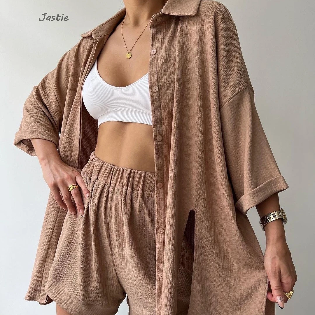 

Split Mid Sleeved Shirts Loose Elastic Waist Shorts Sets For Women 2 Pieces Spring Autumn New Lapel Blouse New Two Piece Set