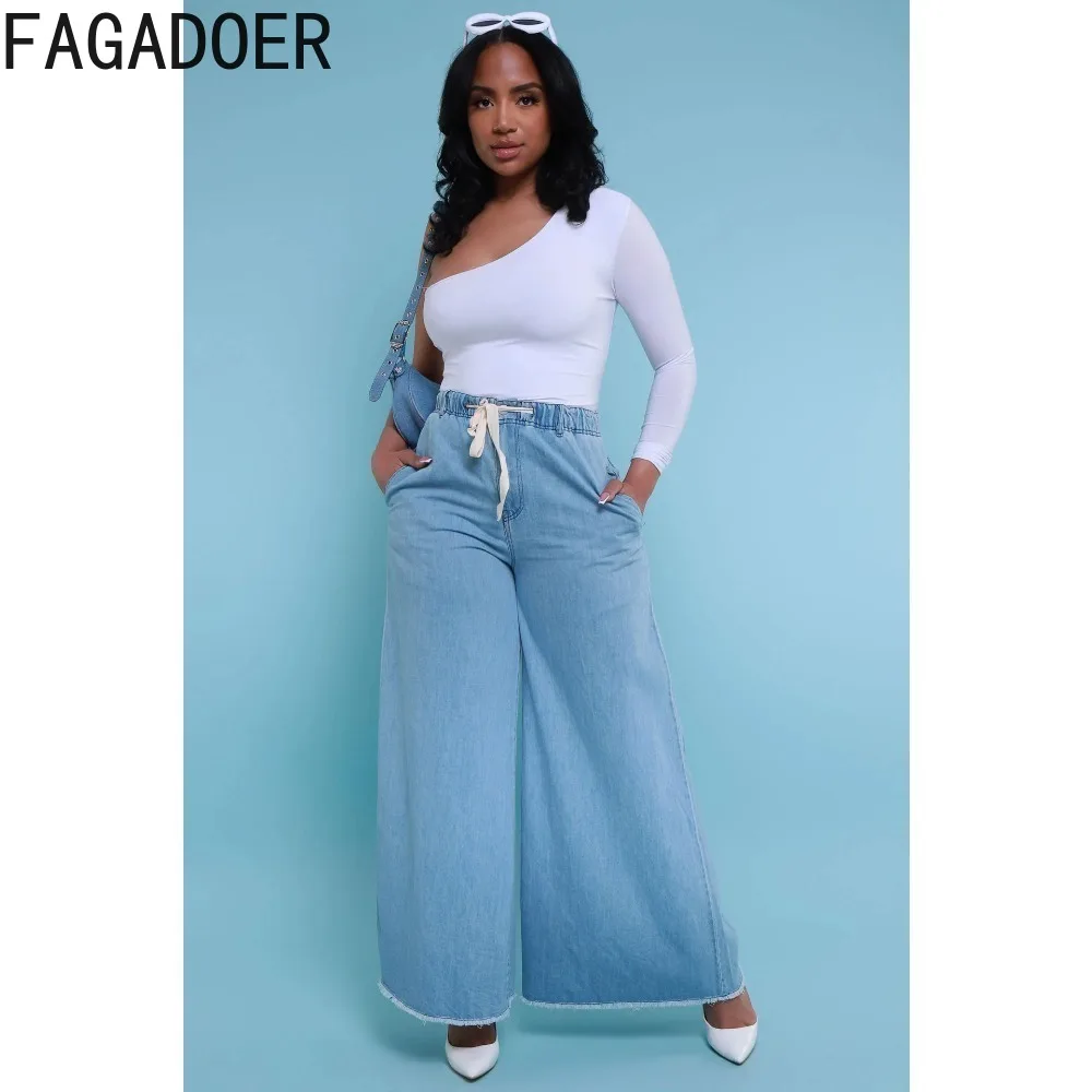 FAGADOER Blue Fashion Loose Wide Leg Denim Pants Women Elastic Waist Drawstring Pocket Jean Trousers Spring New Cowboy Bottoms