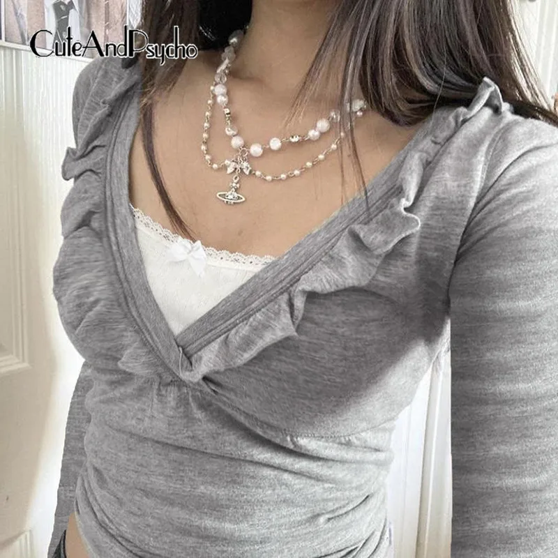 

Cuteandпсиходелический Повседневный лоскутный укороченный топ, винтажная Модная Тонкая футболка с V-образным вырезом и бантом, шикарная уличная одежда, эстетические наряды с длинными рукавами