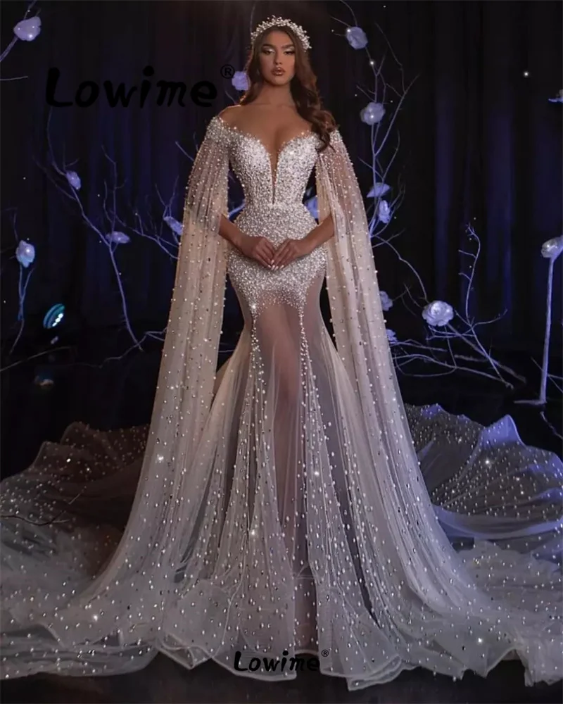 

Abendkleider Dubai Luxury Wedding Party Dress Long Cape Sleeves Mermaid Celebrity Dresses Full Pearl Beaded Crystal Evening Gown