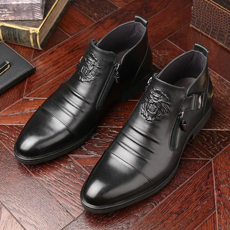 High Top Men Shoes Autumn Men's Casual Leather Shoes Double Sided Zippered Boots Man Ankle Boots Pointed Toe Low (1cm-3cm)