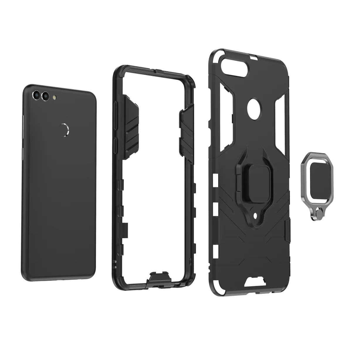 Rugged Armor Shockproof Case with Metal Ring Stand and Bumper Protection