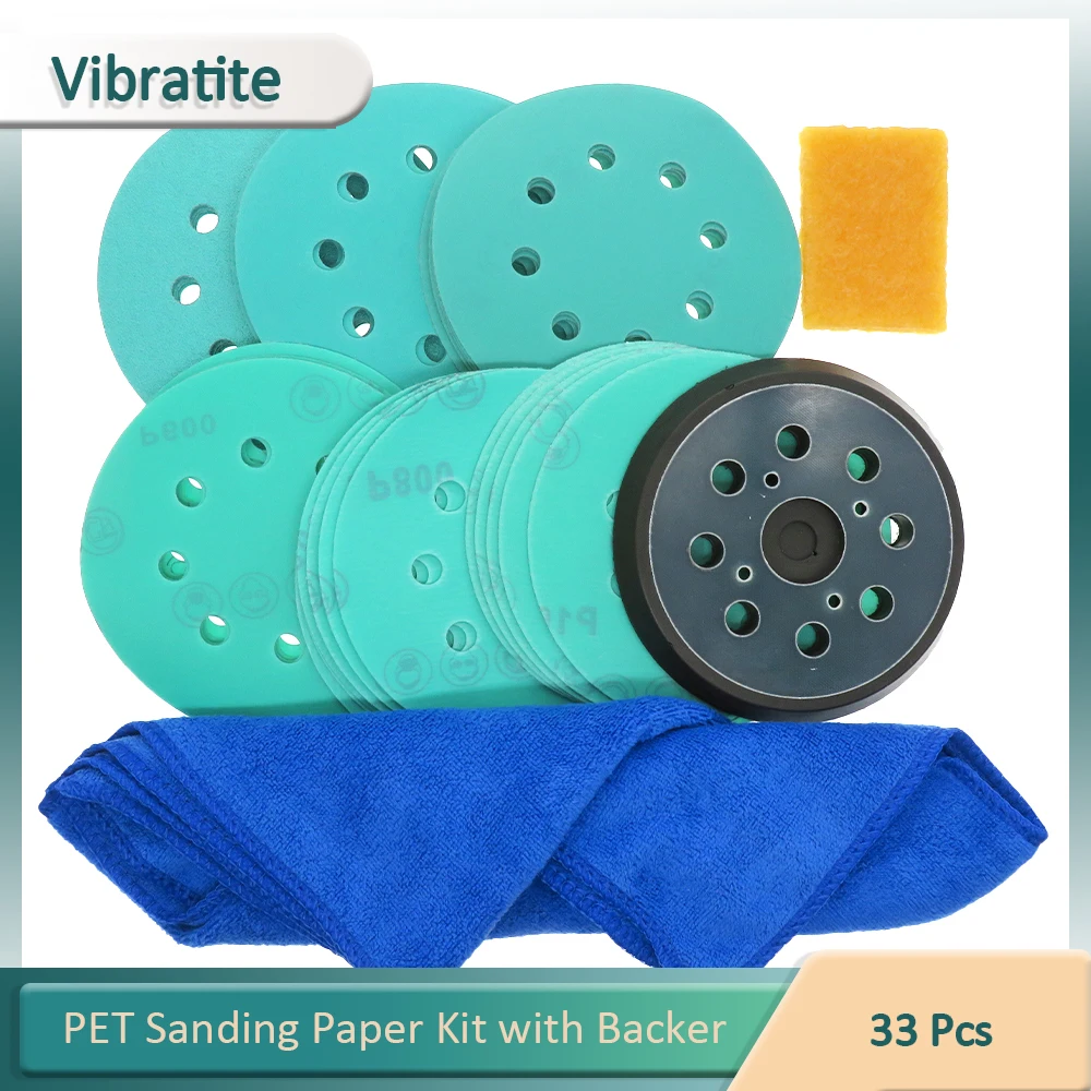 

5 Inch 8 Holes Polyester Film Sandpaper Hook and Loop Sanding Disc Abrasive Polishing Tools 33 Pcs Aluminum Oxide Green Grinding