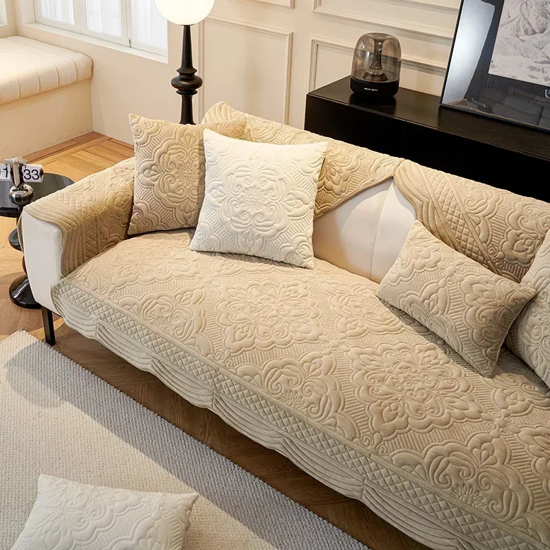 Short Plush Sofa Cushion  Autumn Winter Embossed Wave Edge Sofas Towel Pillow Cover L-shaped Sofa Cover Slip Wear Resistant 2