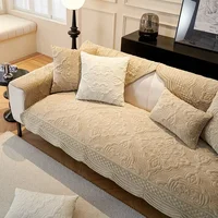 Short Plush Sofa Cushion  Autumn Winter Embossed Wave Edge Sofas Towel Pillow Cover L-shaped Sofa Cover Slip Wear Resistant 2