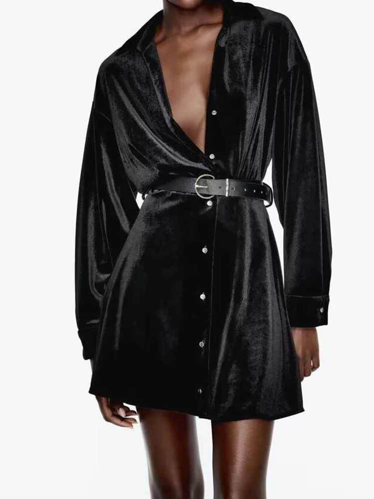 

TRAF GJXSDNX Velvet Dress with Belt Spring Autumn Black Long Sleeve Single Breasted Fashion Modern Elegant Office Lady Dress