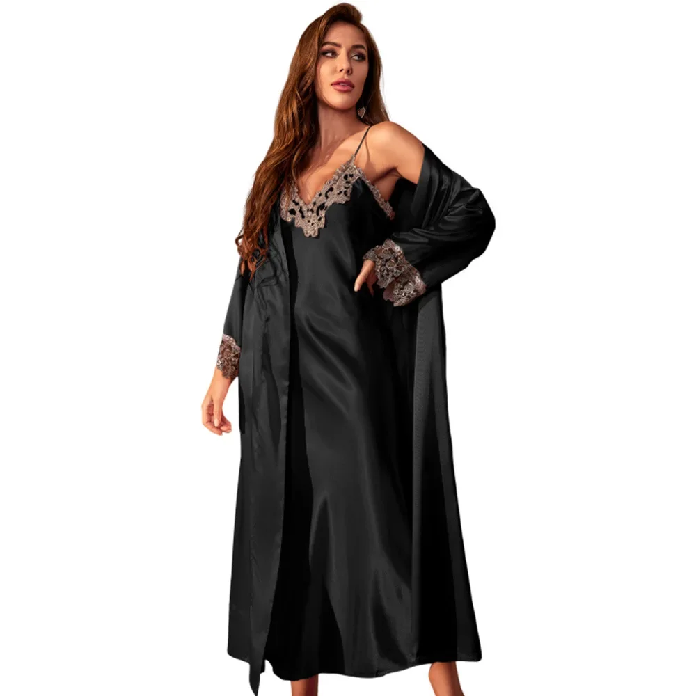 Women dress women sleepwear bride robes silk robe sleepwear pajamas Female Long Twinset Robe Set Nightgown Spring Summer Kimono Bathrobe Gown Sexy Lace Trim Nightdress Satin Home Wear Loungewear
