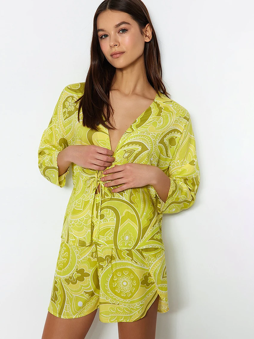 Marthaqiqi Printing Ladies Sleepwear Suit Sexy V-Neck Pajamas Three Quarter Sleeve Nightwear Lace Up Nightie Shorts Pyjamas Set