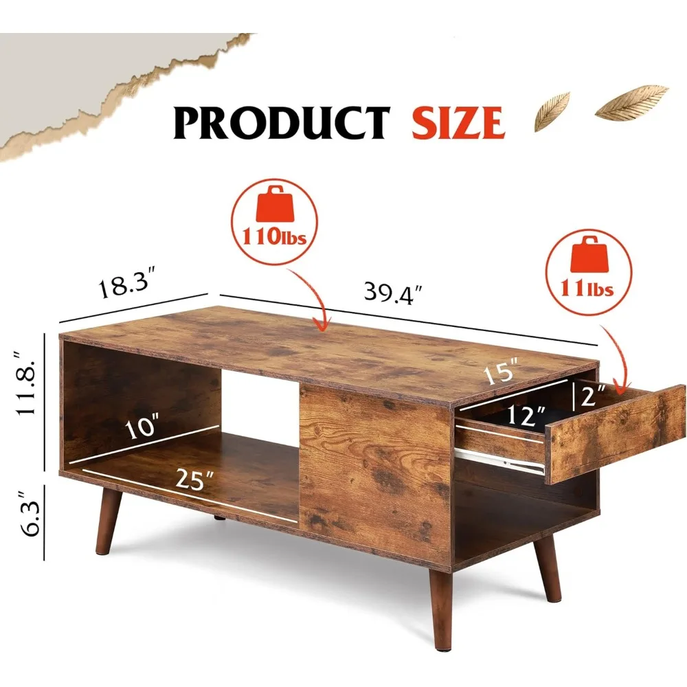 Wood Coffee Table with Sliding, Modern Center Table with Open Storage Shelf for Living Room, Bedroom,Coffee Tables 3