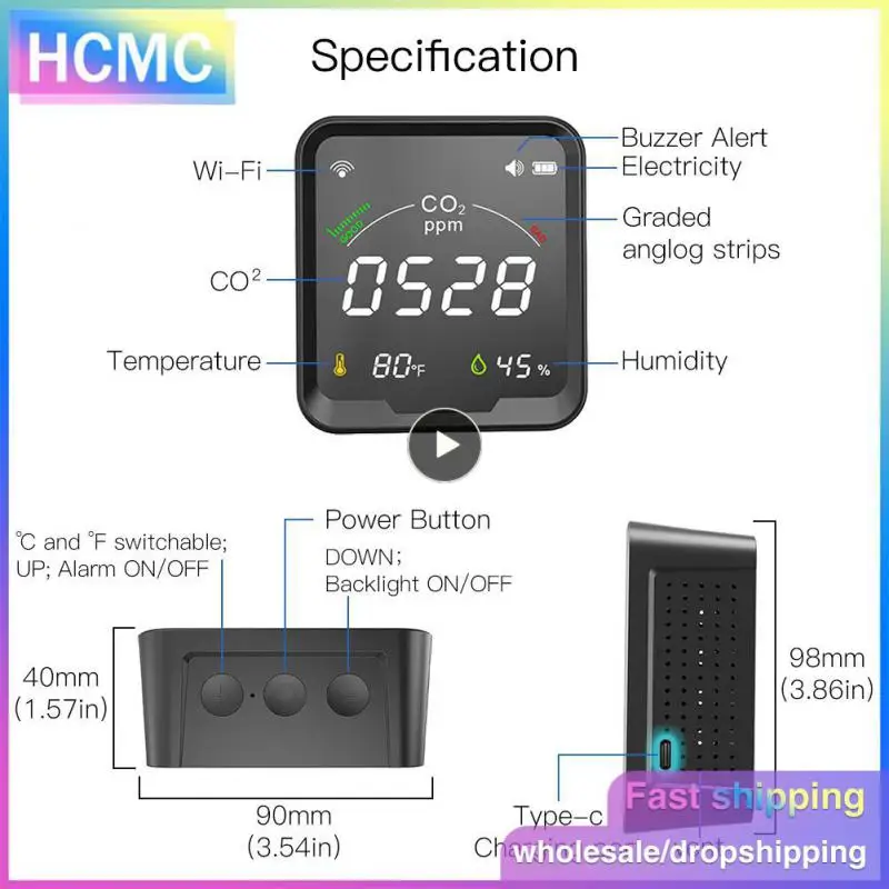 

Датчик температуры и влажности Tuya Co2, перезаряжаемый Датчик качества воздуха в помещении, звуковая сигнализация, управление через приложение