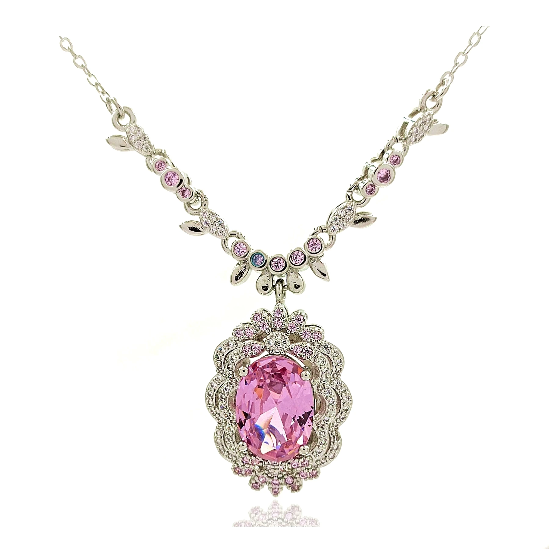 

Romantic Fairy Style Double Waved Hemmed Pink Oval Flower Pendant Necklace for Women Gift Jewelry