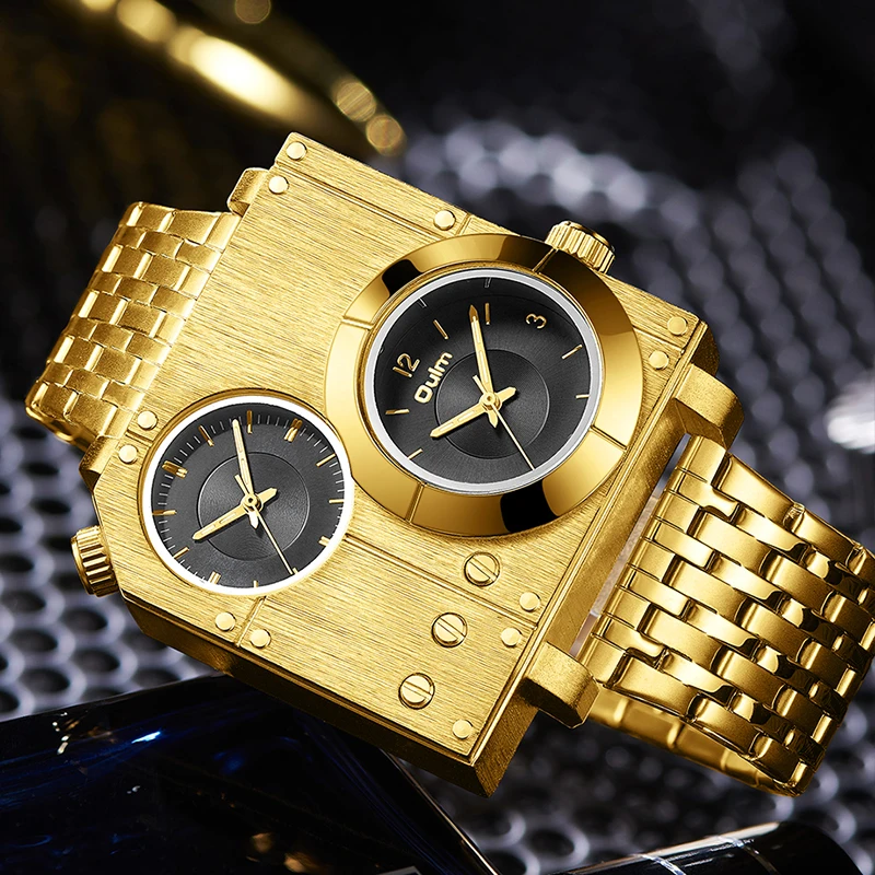 Gold Luxury Big Szie Stop Watch For Men Oulm Top Brand Two Time Zone Wristwatch Male Quartz Clock Mens Watches Relogio Masculino
