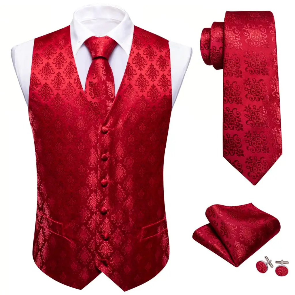 Luxury Silk Red Vest for Men Wedding Waistcoat Tie Set Formal Dress Suits Male Gilet Sleeveless Jacket Stempunk Barry Wang