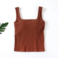 Women's Ribbed Knit Crop Top With Chest Pad One Piece Square Neck Sleeveless Tank Top With Bulit In Bra - Image 4