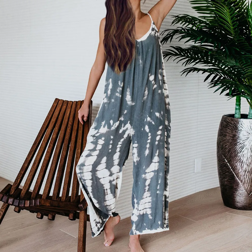 2022 Summer Homewear Vacation Printed Romper Overalls Women Sleeveless Harajuku Tie-dye Beach Boho Casual Jumpsuit Dropshipping