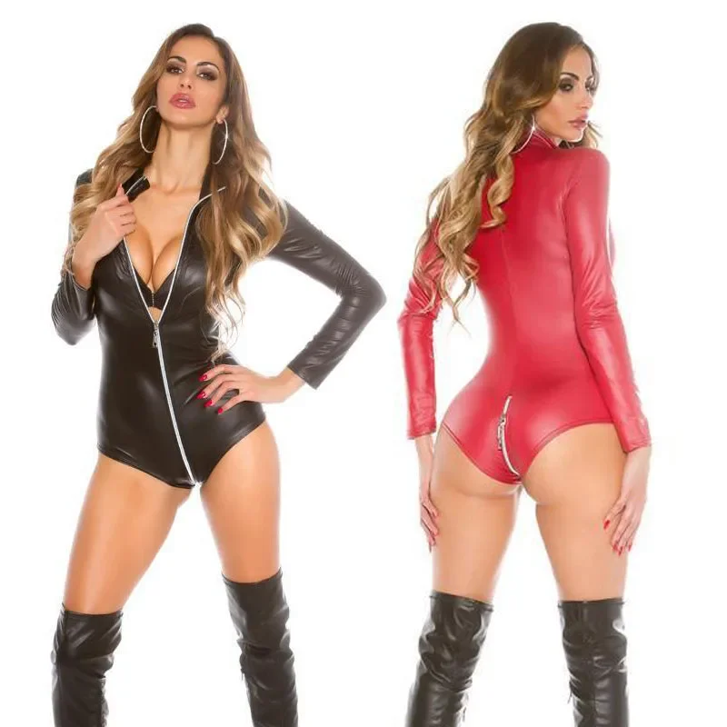 

Sexy Long Sleeve Faux Leather Bodysuit Open Crotch Zipper Front Catsuit Women Erotic Lingerie