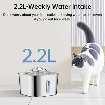 2.2L Automatic Cat Fountain Stainless Steel Pet Water Dispenser Silent Water Pump Circulation Filtering Visual Window