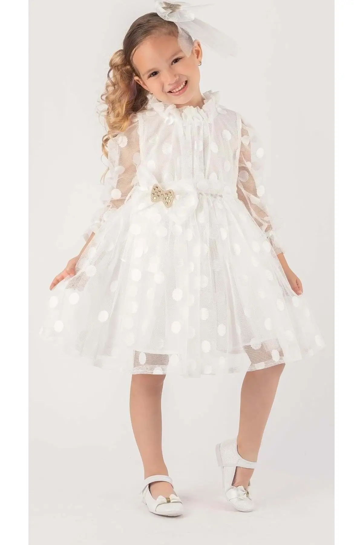 

Girl's White Swell Polka Dotted Lace Dress Cotton Pocket Free Clothes