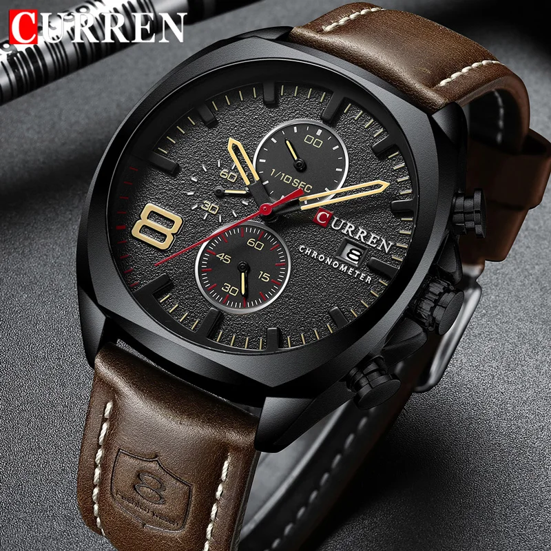 CURREN Orologio Uomo Al Quarzo – Cronografo Multifunzionale Con Calendario, Impermeabile 3 ATM, Cinturino In Pelle, Modello 8324
