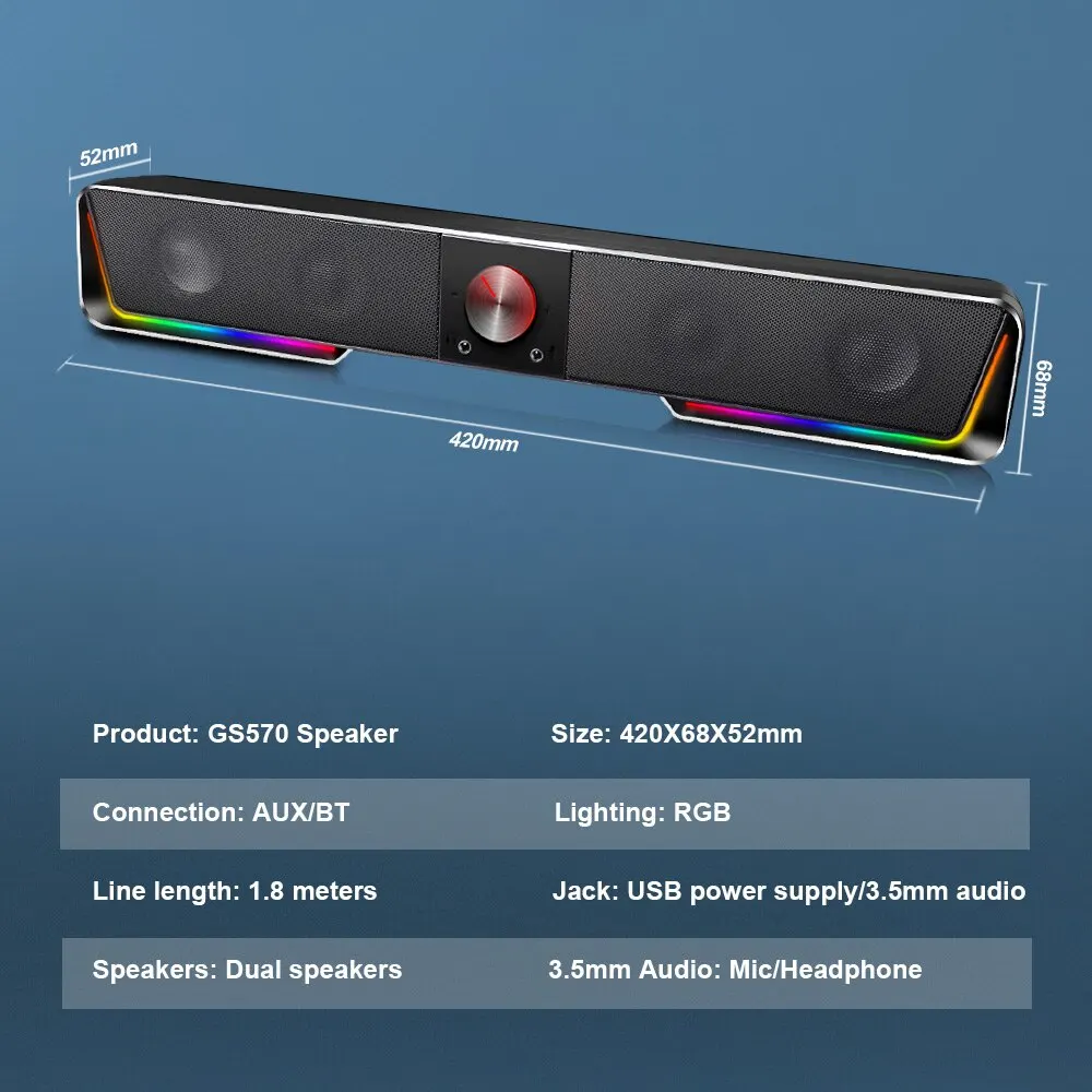 REDRAGON 다크넷 지지대 블루투스 무선 Aux 3.5 서라운드 RGB 스피커, 컴퓨터 PC 라우드스피커용 컬럼 사운드바, GS570