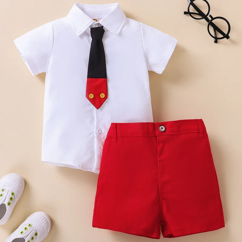 2 Pieces Kids Suit Set, Summer Contrast Color Lapel Short Sleeve Shirt with Necktie+ Short Pants for Boys, 1-8 Years 1