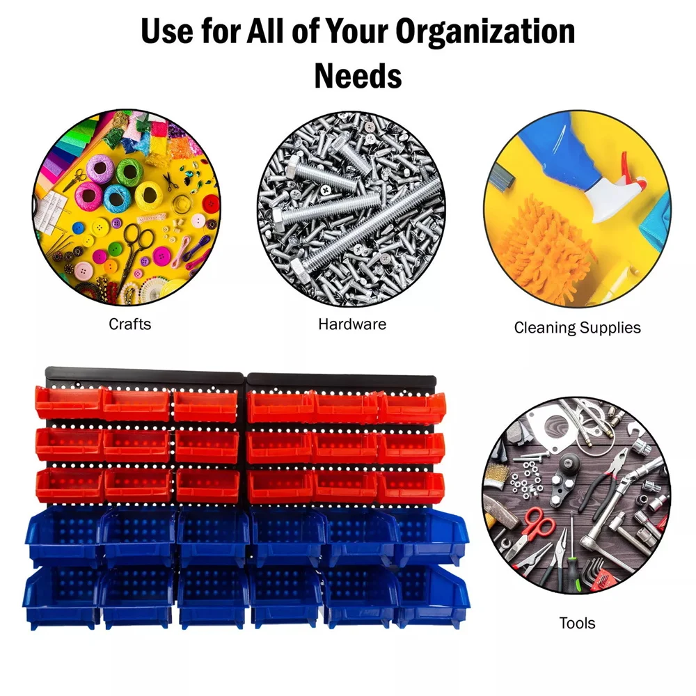 Wall Mounted Storage Bins 30-Bin Parts Rack Organizer Garage with Wall Panels Hooks Plastic Shop Tool for Screw Nails