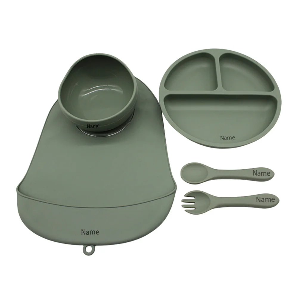 5-Piece Children's Tableware Set with Free Name Printing Personalized Silicone Tableware—Unique Gifts for Boys and Girls.