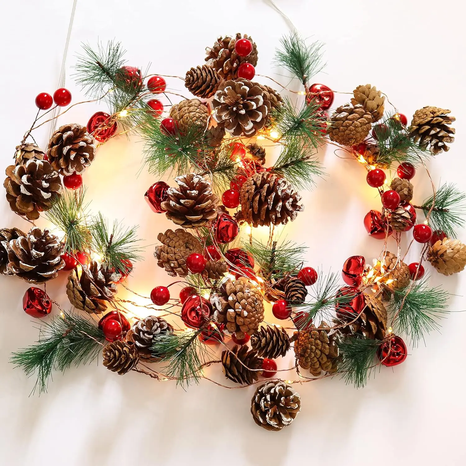 thumbnail image 1 of Christmas Garland Decoration with Lights 7FT 20LED Xmas Pine Cone Red Berry Bell Lights Tree New Year Holiday Party Decorations, 1 of 4