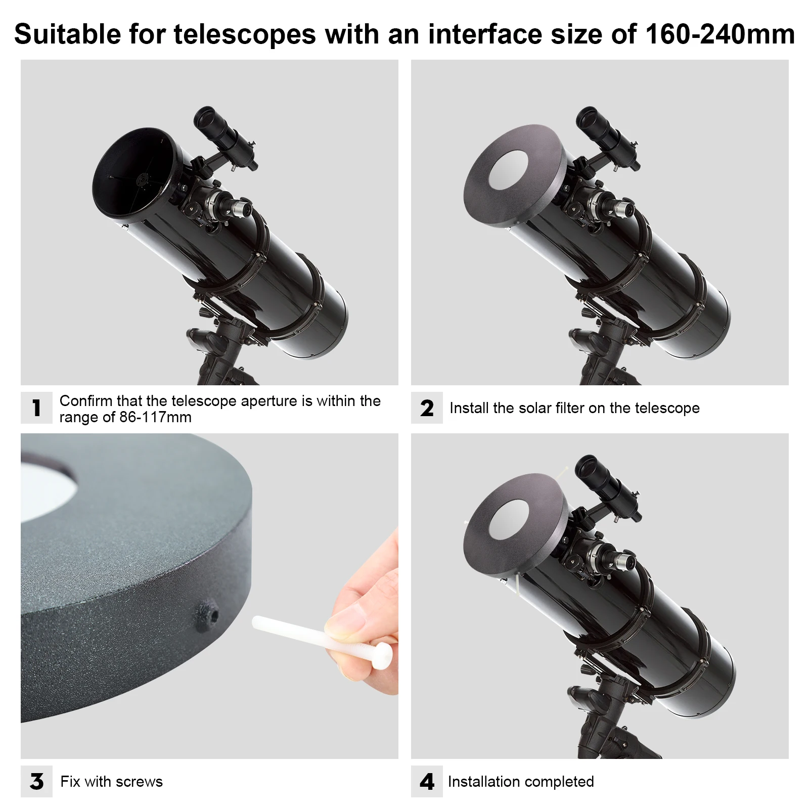 160mm240mm 태양 관측 망원경 필터, 태양 안전 필름이 있는 안전 장치와 호환 가능, 카메라 렌즈, 태양 또는 태양자국 관찰 가능