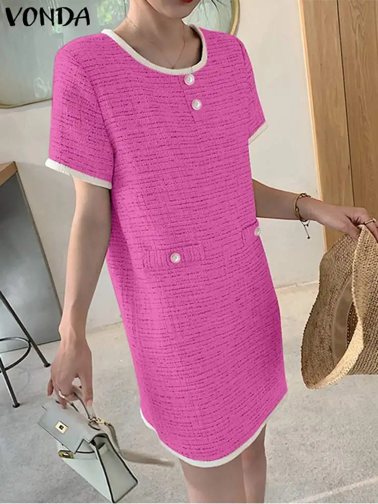 

2023 VONDA Fashion Women Elegant Mini Dress Summer Sundress O Neck Casual Buttons Short Sleeve Office Streetwear Vestidos