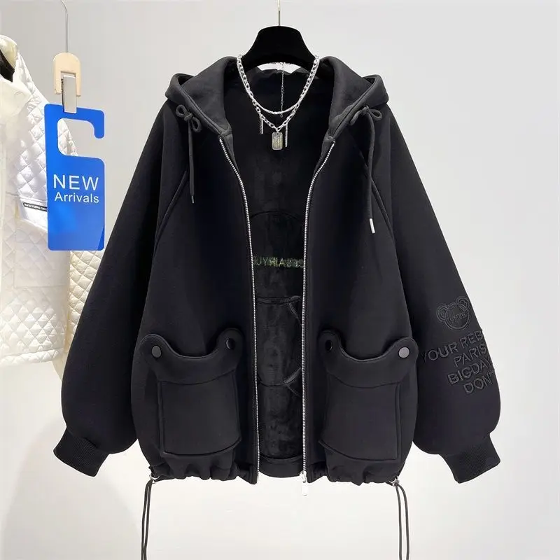 

Large Size Women's Clothing Black Hoodie Female Fleece-Lined Thickened 2022 New Plump Girls Autumn And Winter Coat