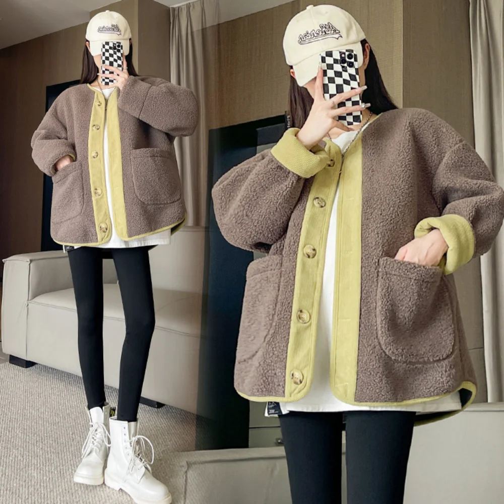 Maternity Coat For Pregnant Women Outcoat New Autumn Winter pregnancy Solid Lamb Wool Coat Thin Loose Big Pocket Outerwear