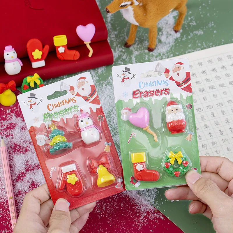4 Pcs/pack Cartoon Santa Claus Hat Erasers Set Mini Christmas Gifts