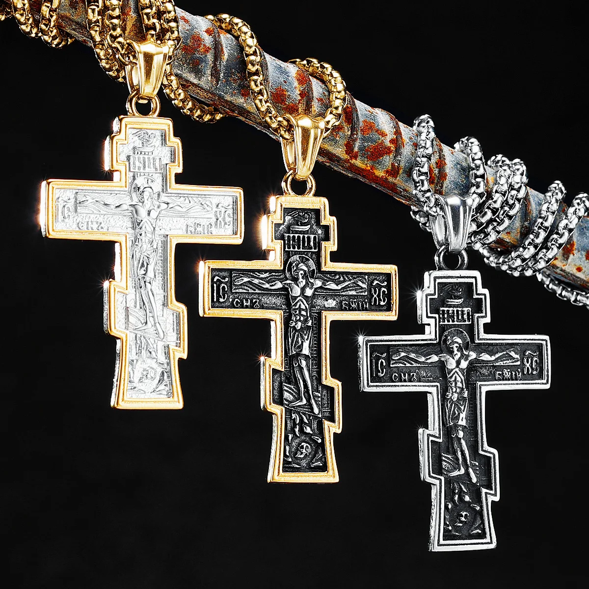 Jesus Cross Necklaces Retro 316L Stainless Steel Men Retro Pendants Chain Religion Rock Belief For Friend Male Jewelry Best Gift