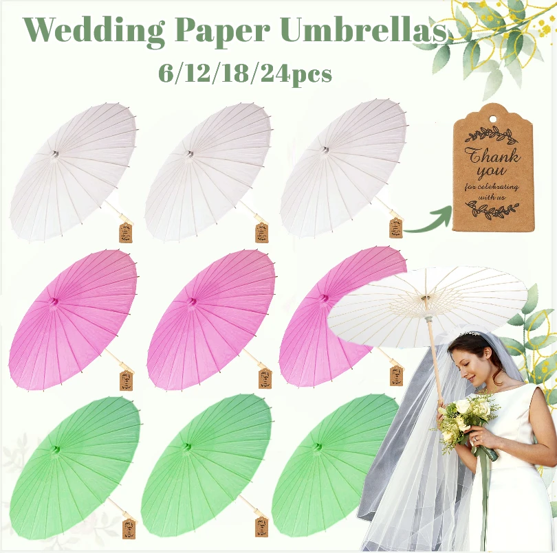 

24-6PCS Colorful Wedding Umbrellas Paper Parasol With Thank You Card Boho Wedding Umbrella Baby Shower Party Photography Props