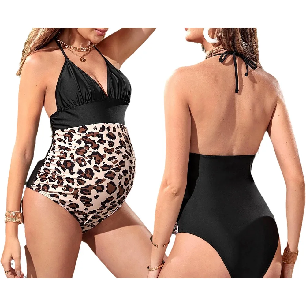 Maternity Women's Leopard Swimsuits 2023 Premama One Piece Halter Blackless Swimwear Pregnancy Patchwork Beachwear Sexy Tankinis