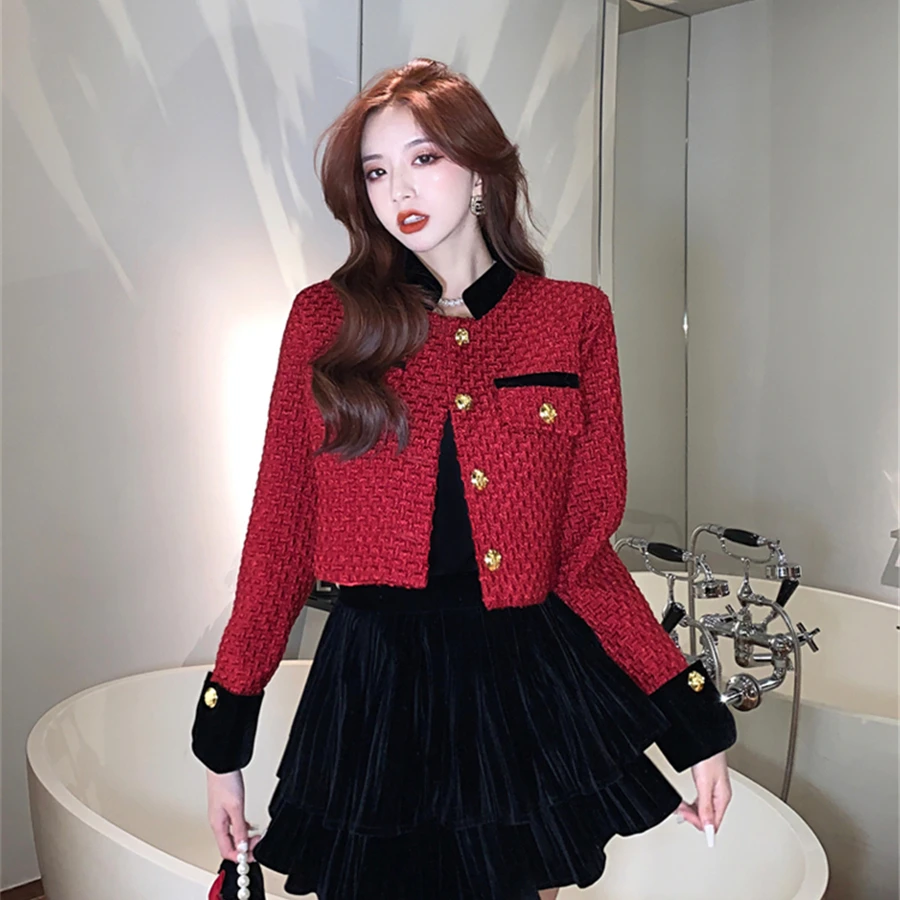 Korean Spliced Cropped Tweed Jacket Women Spring Single Breasted Streetwear Outerwear Stand Collar Coat Fashion Vintage_voghion.com