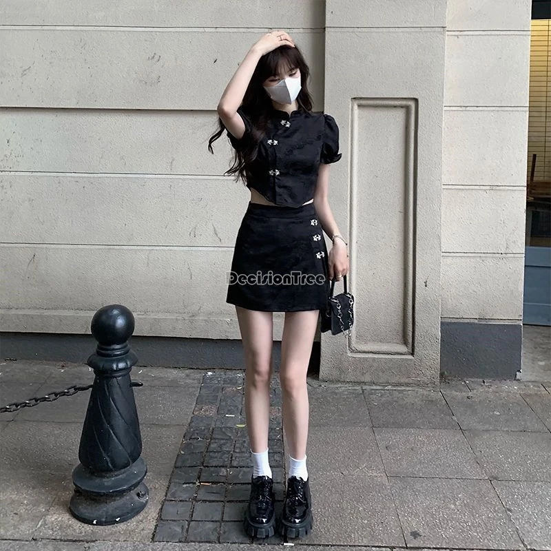 vintage chinese style jacquard sexy two-piece set stand collar button off waist irregular top qipao button decorated skirt