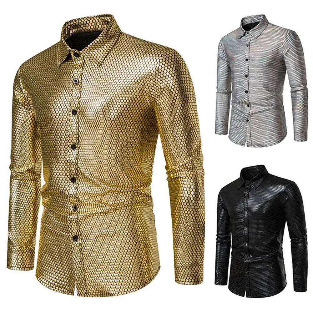 Sequin Long-sleeved Shirt Sequins Lapel Men's Dress Shirt for Luxury Disco Party Nightclub Christmas Prom Costume Long Sleeve