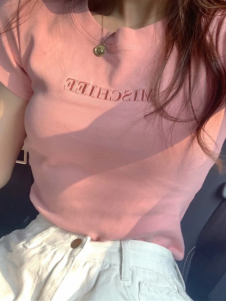 

Women Short Sleeve Top Pure Ladies T-shirt Brand Letter Summer Embroidered Clothing Slim Cotton Pure Color Fashion Round Neck