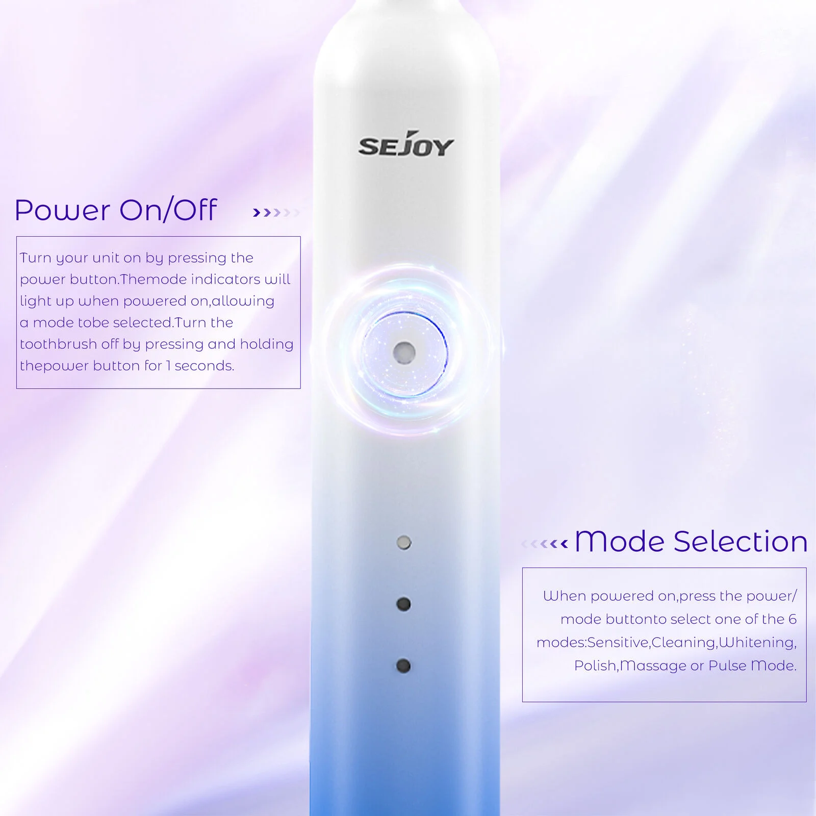 SEJOY Sonic Electric Toothbrush Rechargeable Power 8 Brush Heads 5 Modes Timer 3