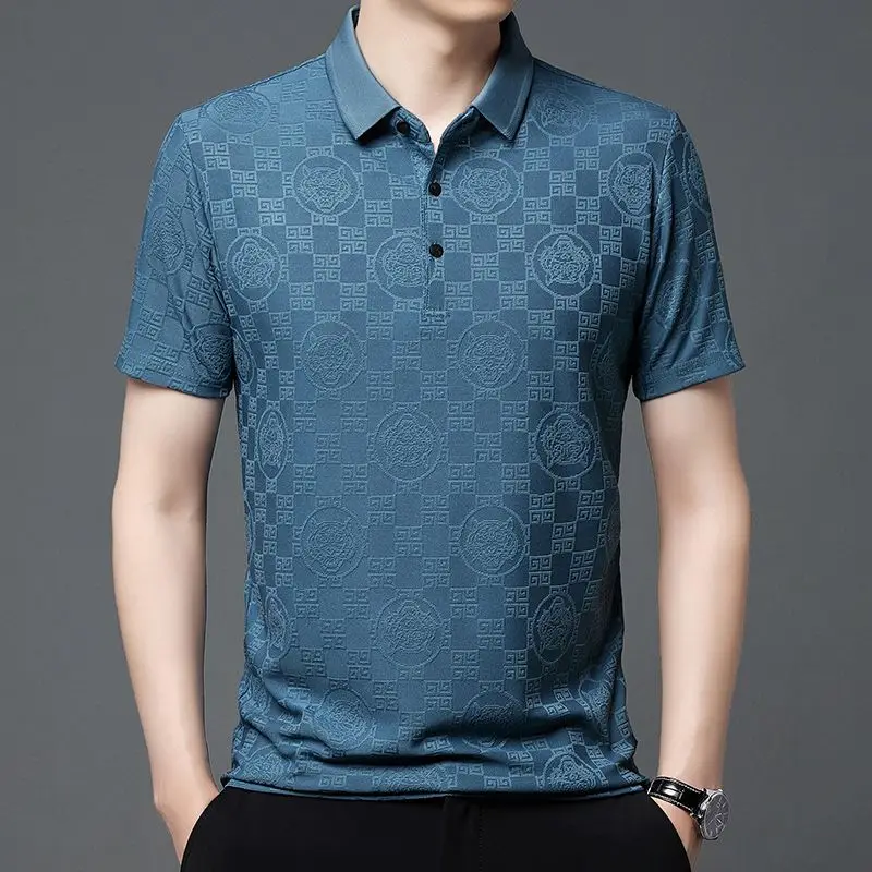 

Trend Versatile Summer Polo Shirts Ice Silk Men's Turn-down Collar Solid Button Jacquard Weave Casual Loose Short Sleeve Tops