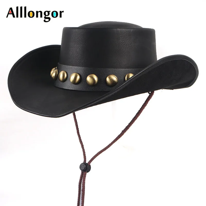 

High Quality Leather Western Cowboy Hat Women Men Sombrero Hombre Hat Pamama Windproof Rope Jazz Hat Cowgirl Cap