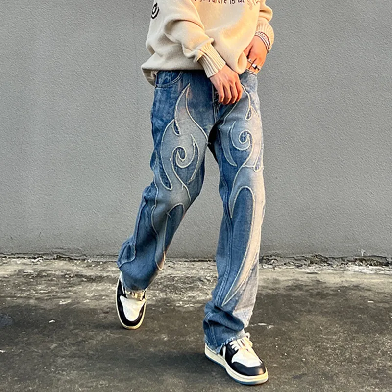 

2022 Vibe Patchwork Embroidery Blue Vintage Baggy Men Jeans Pants High Street Straight Washed Hip Hop Denim Trousers Ropa Hombre