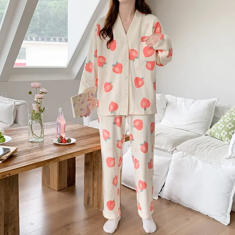 Sleepwear Women Printed Pajama Sets Spring Autumn Long Sleeve Trouser Pajamas Kawaii Clothing Korean Nightwear Homewear Buttons
