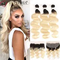 Ombre 1B 613 Body Wave Brazilian Remy Human Hair 3 Bundles With Lace Closure Frontal Honey Blonde Bundles With Frontal EUPHORIA