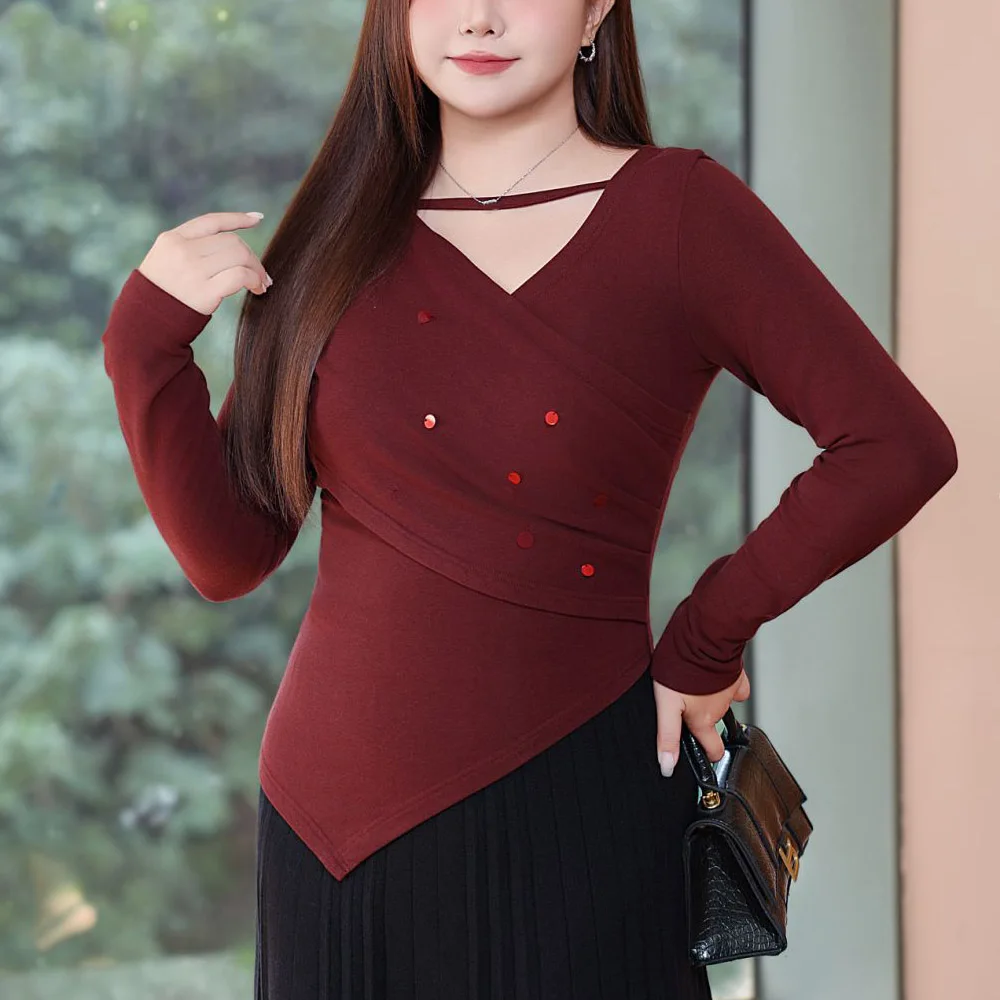 Sequined Cross V-Neck T-Shirt Women Plus Size Autumn Winter Good Quality Vintage Red French Slim Knitting Long Sleeve Top N9070