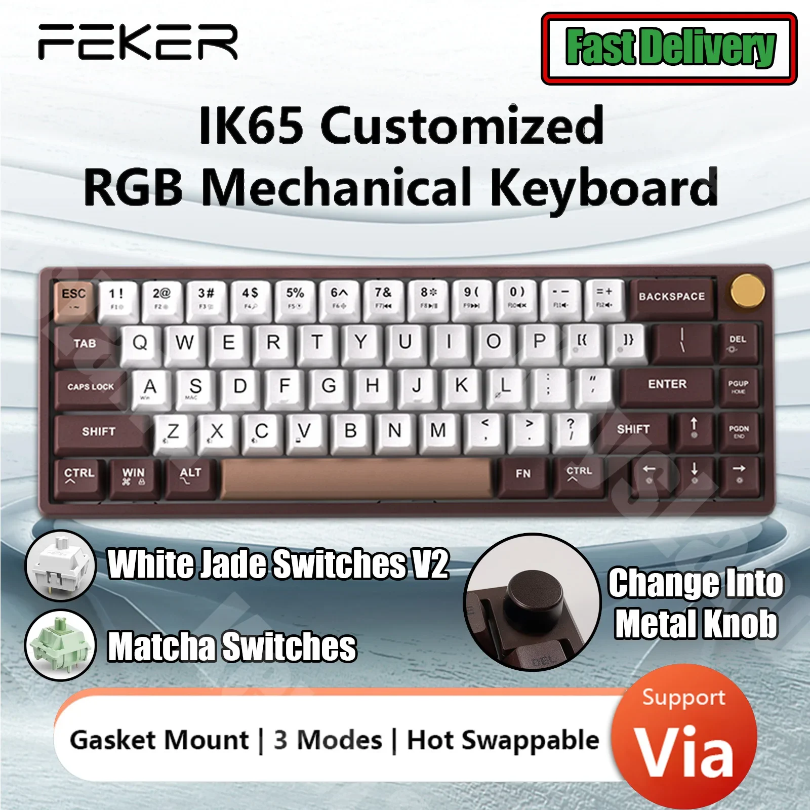 Feker-teclado Mecânico sem Fio Bluetooth 2.4g Rgb Modos Via Hotswap Perfil Cherry Dye Sub Pbt Junta Keycap Ik65