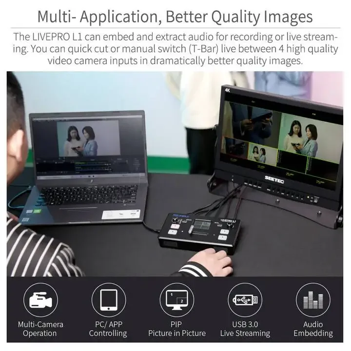 멀티 카메라 비디오 믹서 스위처, LCD 스크린, 4 HDMI 입력, USB 3.0 라이브 스트림, L1 V1